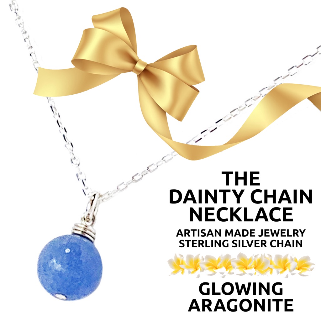 Island Sunset Artisan Dainty Necklace Glowing Blue Aragonite-Sterling Silver